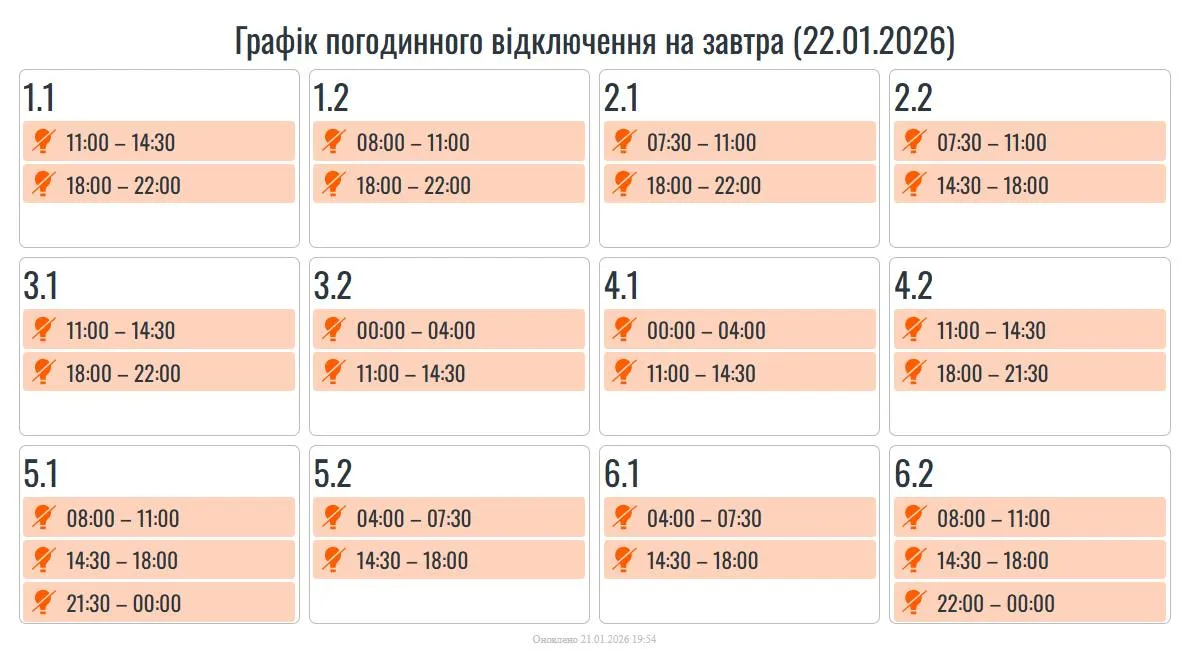 Графіки погодинних вимкнень на 22 січня для Прикарпаття. ОНОВЛЮЄТЬСЯ 2