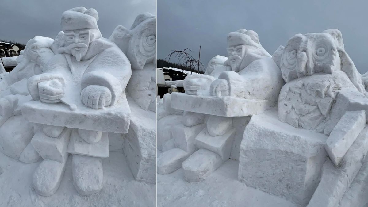 Митці Володимир Березний та ВасиСкульптура гуцула з цимбалами в Поляниці. Фото: Управління культури, національностей та релігій Івано-Франківської ОДА