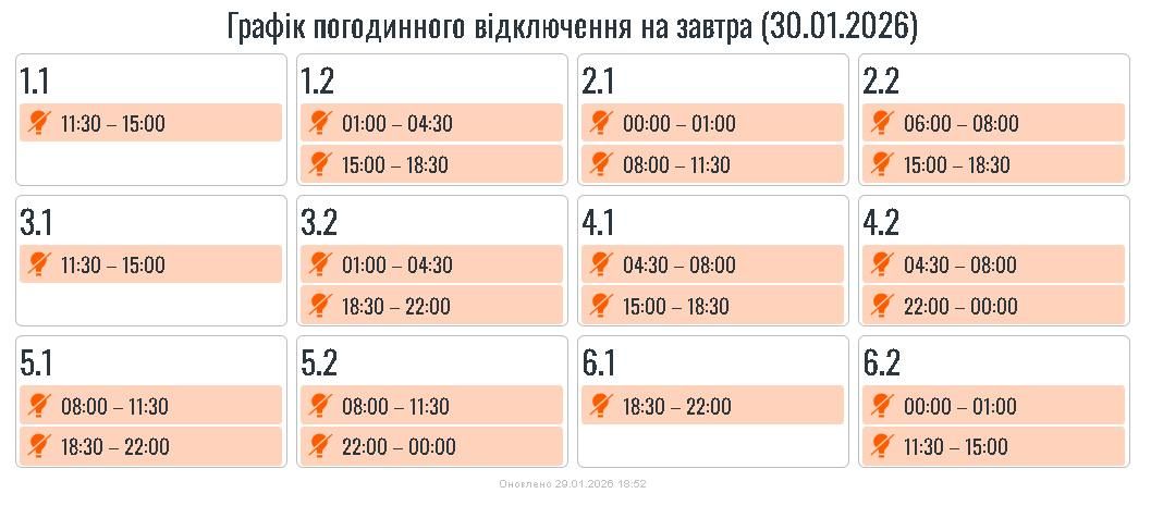 Графіки погодинних вимкнень на 30 січня для Прикарпаття. ОНОВЛЮЄТЬСЯ 2