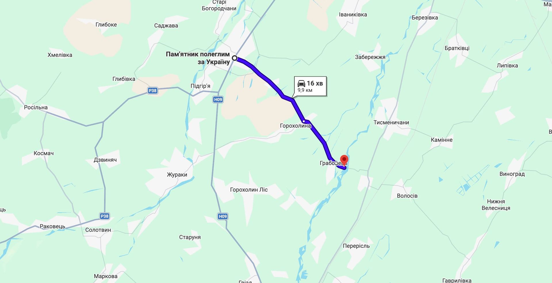 Мапа Богородчанської громади із позначеною ділянкою дороги О090101 Богородчани — Ланчин, де планується капітальний ремонт.