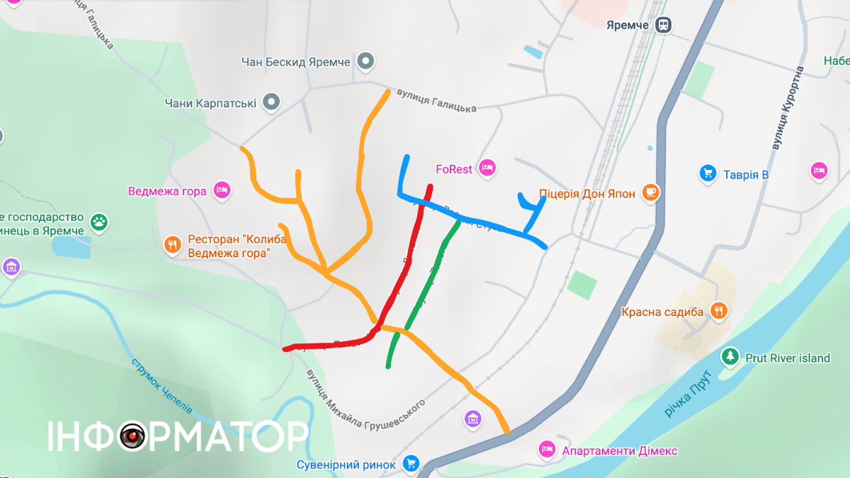Мапа вулиці, які ремонтуватимуть в Яремче. Позначення: оранжевий — вул. Лепкого, синій — вул. Стуса, червоний — вул. Литвина та зелений — вул. Тихого Мапа вулиці, які ремонтуватимуть в Яремче. Позначення: оранжевий — вул. Лепкого, синій — вул. Стуса, червоний — вул. Литвина та зелений — вул. Тихого