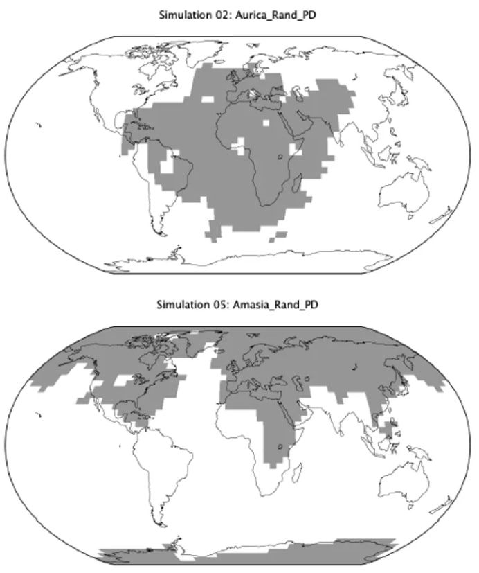 Як можна розподілити землю на суперконтиненті Ауріка (нагорі) порівняно з Амасією. Майбутні конфігурації суші показані сірим кольором, для порівняння - сучасні контури континентів Як можна розподілити землю на суперконтиненті Ауріка (нагорі) порівняно з Амасією. Майбутні конфігурації суші показані сірим кольором, для порівняння - сучасні контури континентів