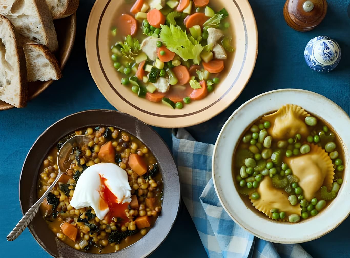 По часовой стрелке сверху вниз: быстрый куриный суп с лаймом и овощами, зеленый минестроне с кнедликами, суп из капусты и сладкого картофеля с макаронами и яйцом-пашот.