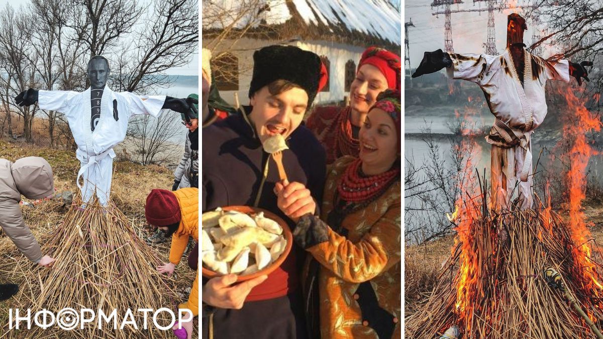 Украинцы вместо чучела зимы сжигают на Масленицу чучело с лицом российского диктатора.