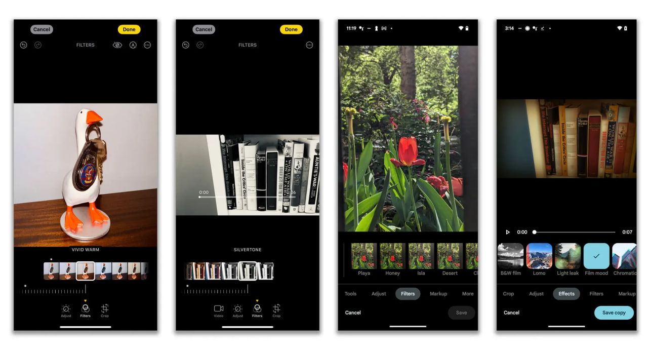 І додаток Apple Photos (два зображення зліва), і Google Photos включають базовий набір фільтрів та ефектів, які можна застосовувати до фотографій