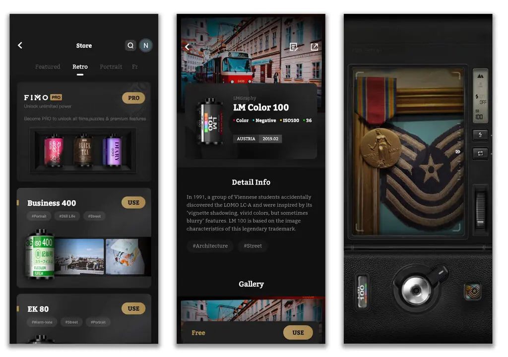 Додаток FIMO може імітувати різні типи аналогових плівок, які можна використовувати під час зйомки або імпорту фотографій на телефон, а також надає детальну інформацію про кожну з налаштувань плівки. Вибравши тип плівки, ви готові вирівняти знімок в екранному видошукачі