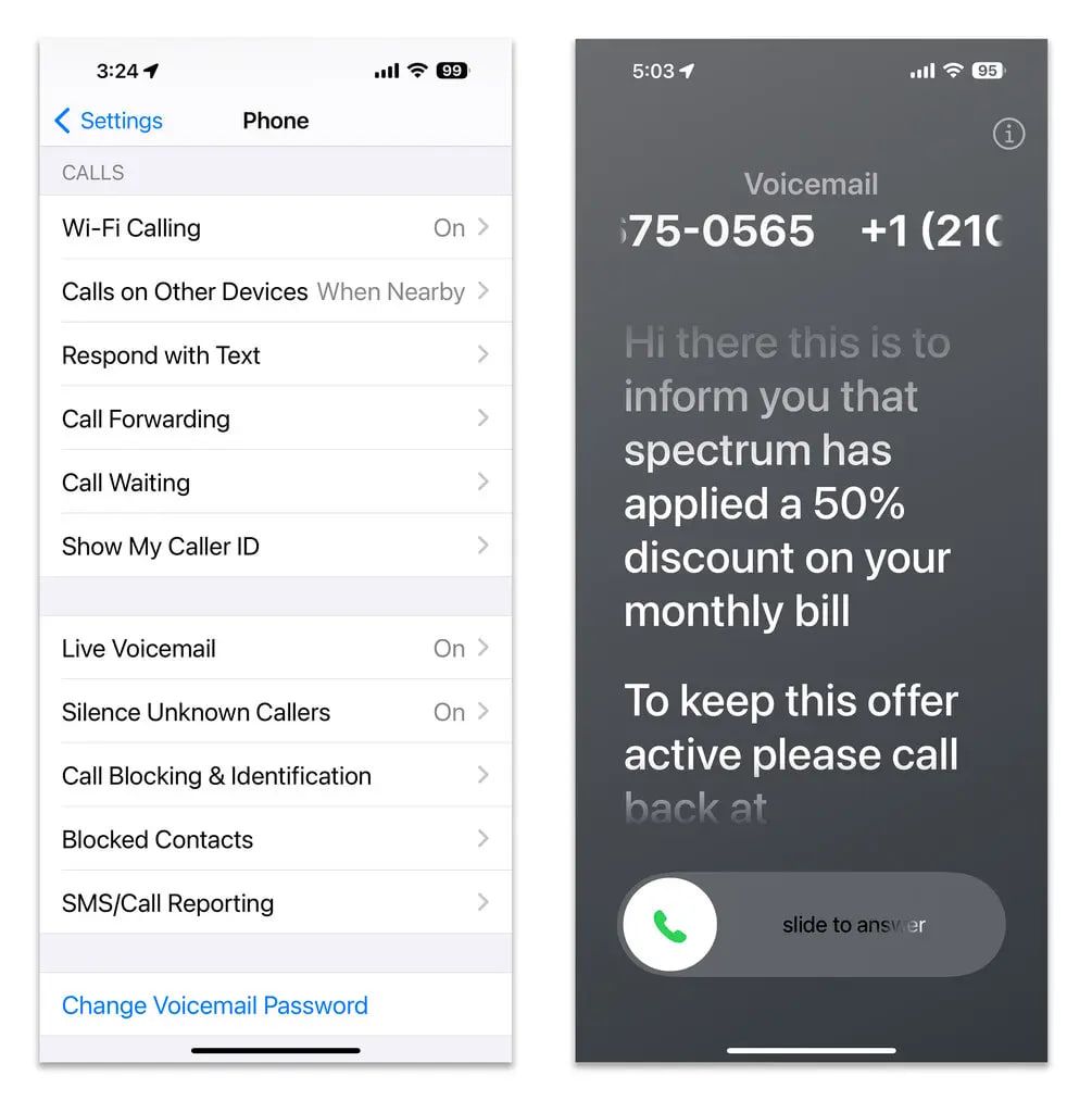 Екран налаштувань Apple для телефону включає кілька функцій, які дозволяють уникнути небажаних дзвінків. Як показано праворуч, опція «Жива голосова пошта» в iOS 17 відображає залишене повідомлення в режимі реального часу, тому ви можете вирішити, чи бажаєте ви відповісти на дзвінок