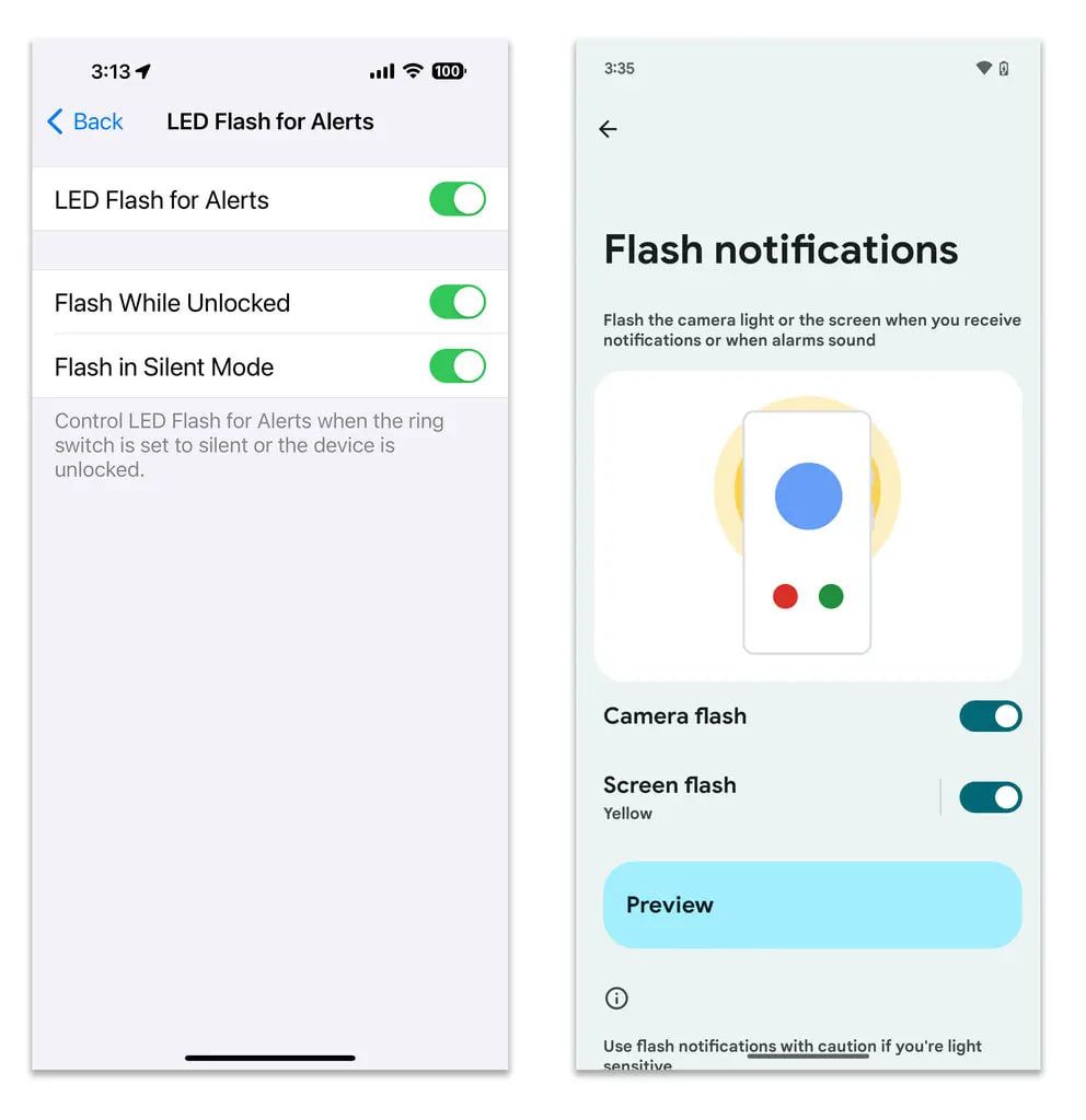Як програмне забезпечення iOS від Apple (ліворуч), так і система Android 14 від Google можуть візуально сповіщати вас про вхідний виклик, хоча тим, хто має чутливість до миготливих вогнів, слід використовувати вібрацію, щоб тихо оголошувати про вхідні виклики