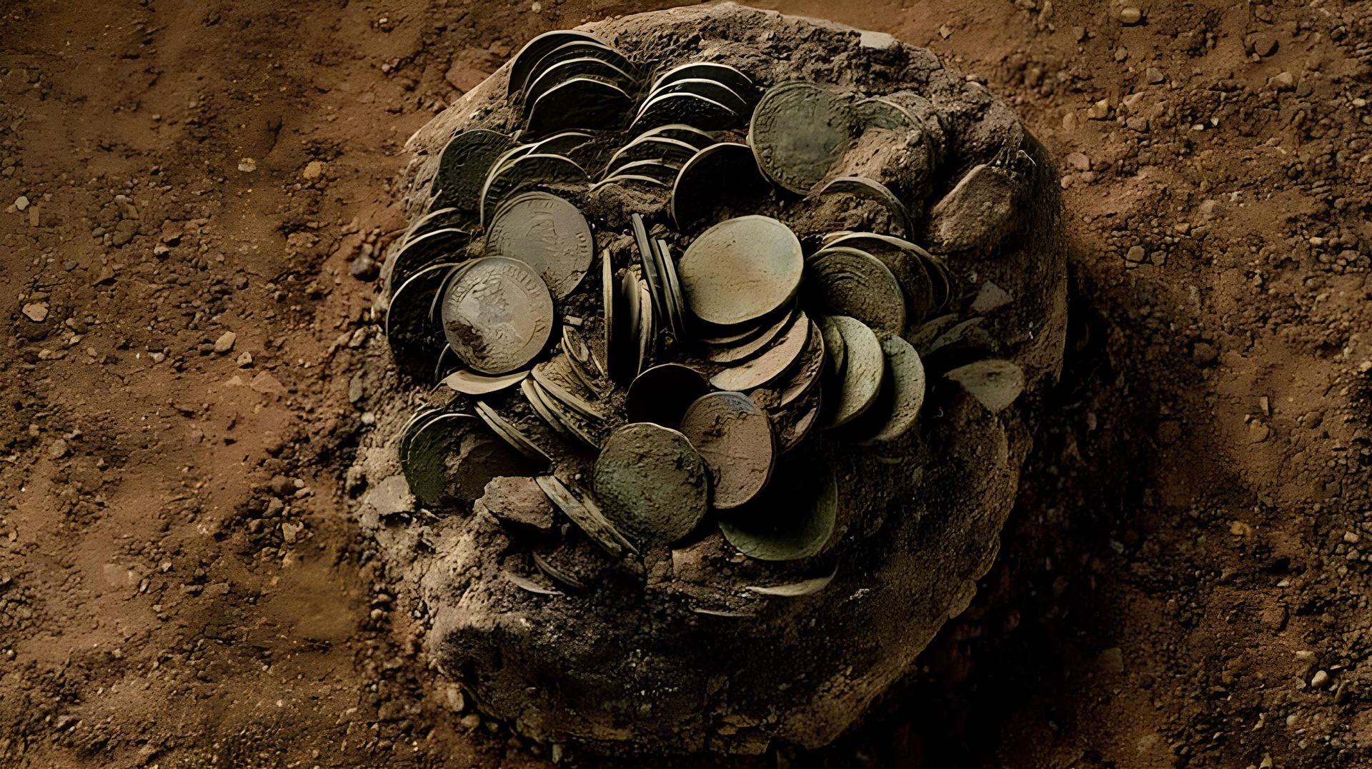 Некоторые из монет, найденных в траншее на усадьбе. После многих лет пребывания под землей монеты приобрели зеленоватый оттенок.