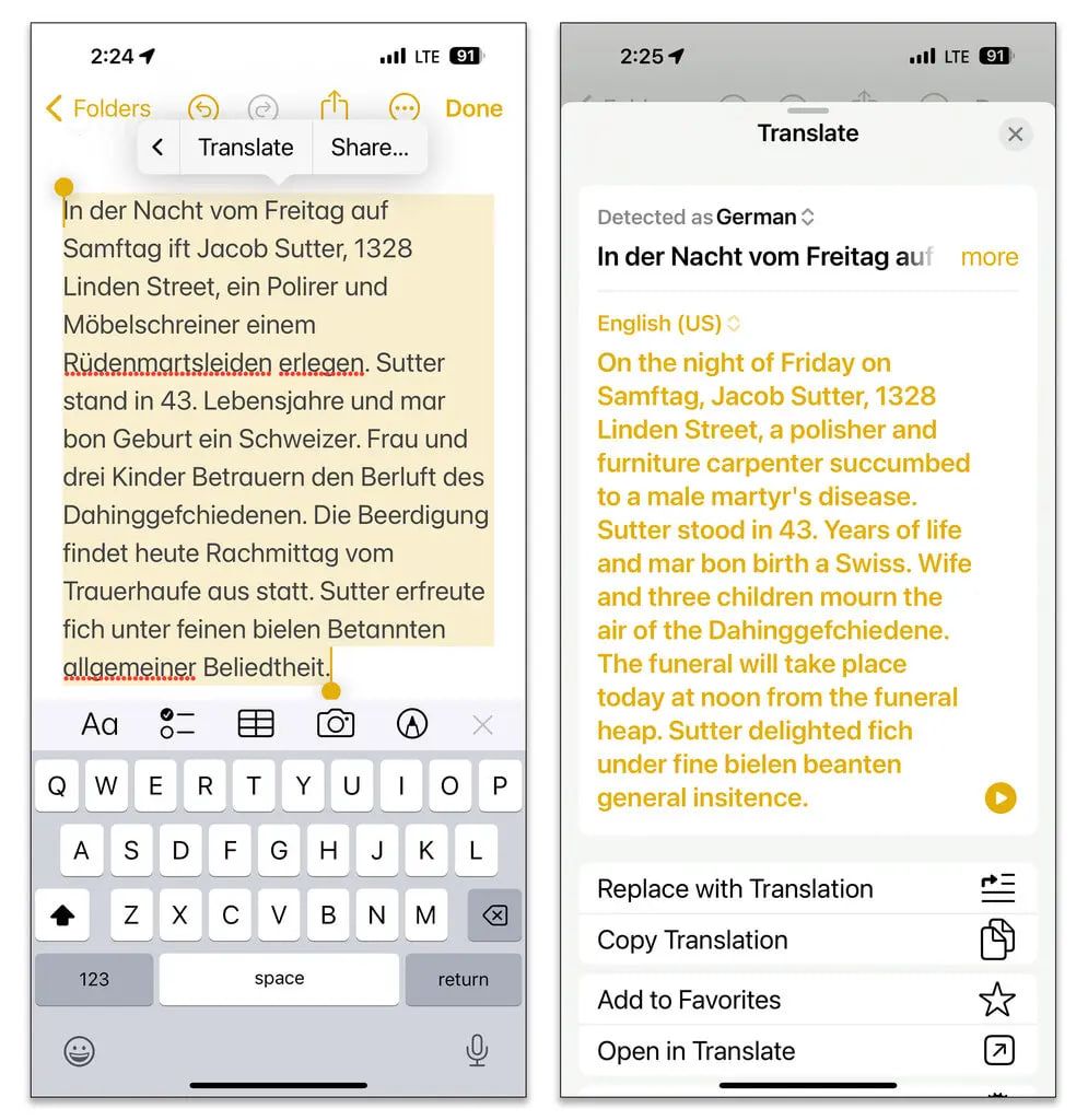 Чтобы получить доступ к Apple Translate, встроенной в программное обеспечение iOS, выделите блок текста и нажмите на экран, чтобы открыть всплывающее меню. Как показано здесь, вырезание и вставка отсканированного текста может привести к искажению оригинала, что также может привести к неправильному переводу. - так что внимательно читайте исходный материал и перепечатывайте его при необходимости