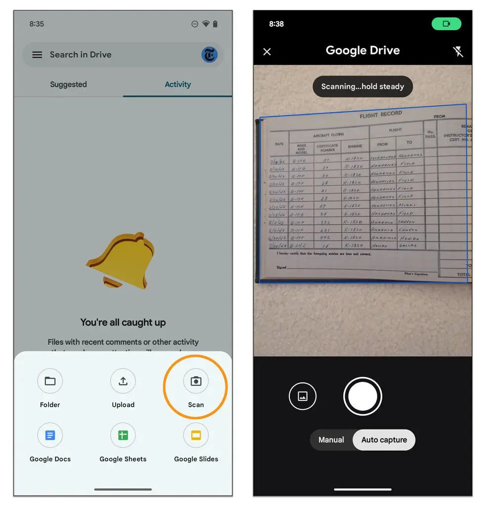 Чтобы отсканировать документ с помощью Google Диска, откройте приложение, нажмите кнопку "Новый", выберите "Сканировать" (обведенное слева) в меню и наведите телефон на страницу, которую хотите захватить
