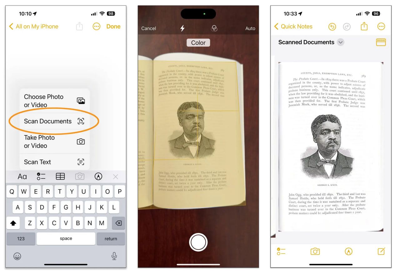 Чтобы отсканировать документ с помощью приложения Apple Notes для iOS, создайте новую заметку, коснитесь значка камеры на панели инструментов и выберите Сканировать. Наведите телефон на страницу, чтобы сделать снимок и сохранить его
