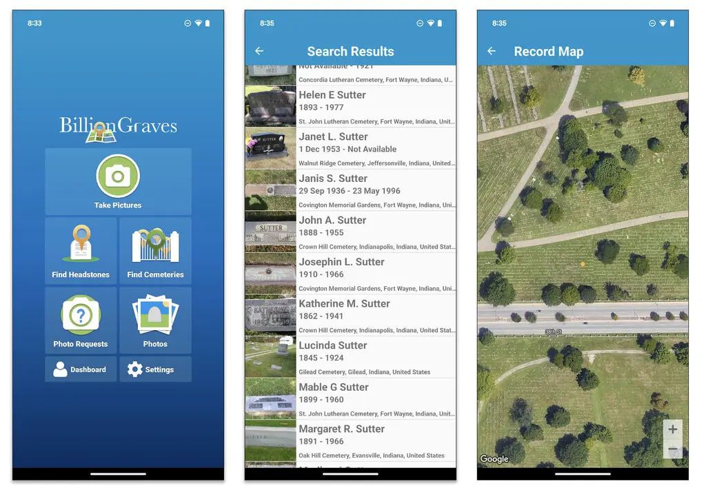 Приложение и веб-сайт BillionGraves позволяют искать предков по именам и включать фотографии надгробий и информацию о местонахождении в свою постоянно растущую базу данных