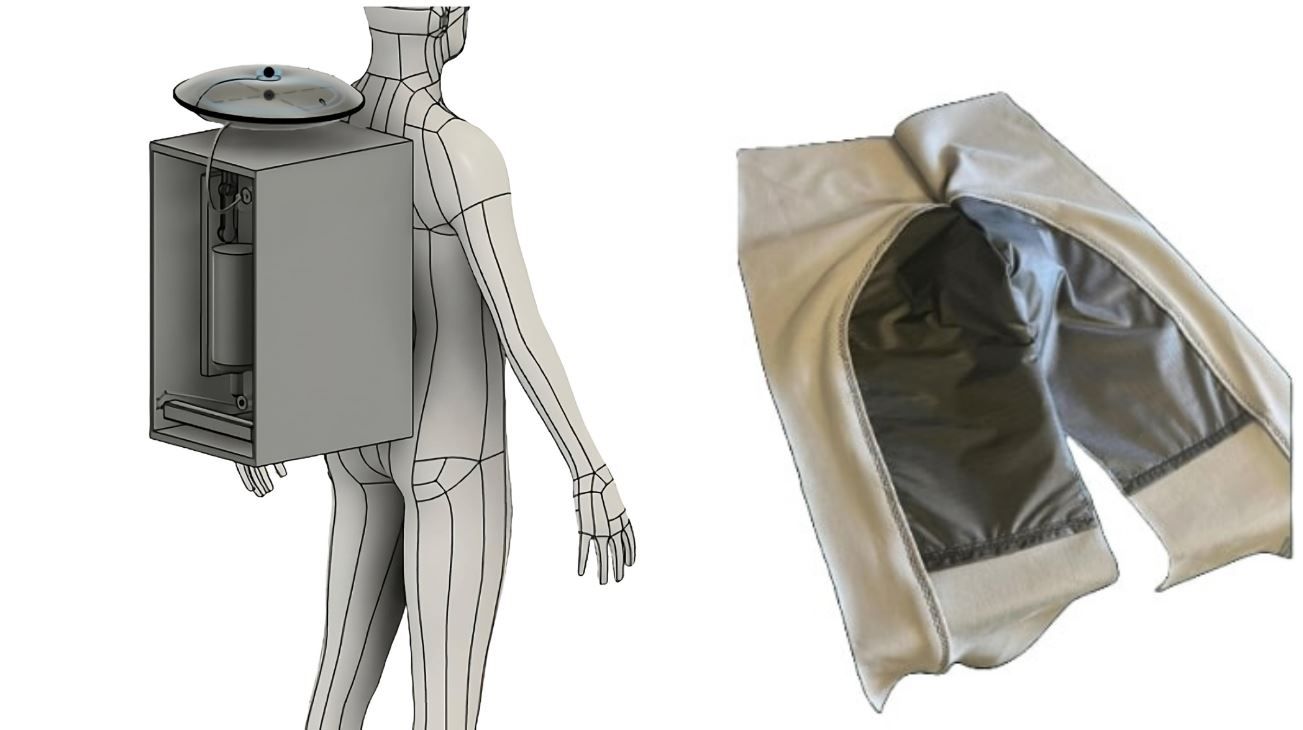 Зображення нової системи фільтрації. Вид збоку на новий рюкзак, пристрій для фільтрації сечі (ліворуч) і нижню білизну, яку носили б астронавти (праворуч). 