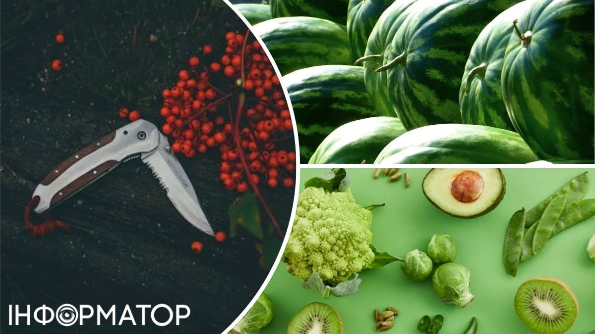 Нож, овощи и арбуз