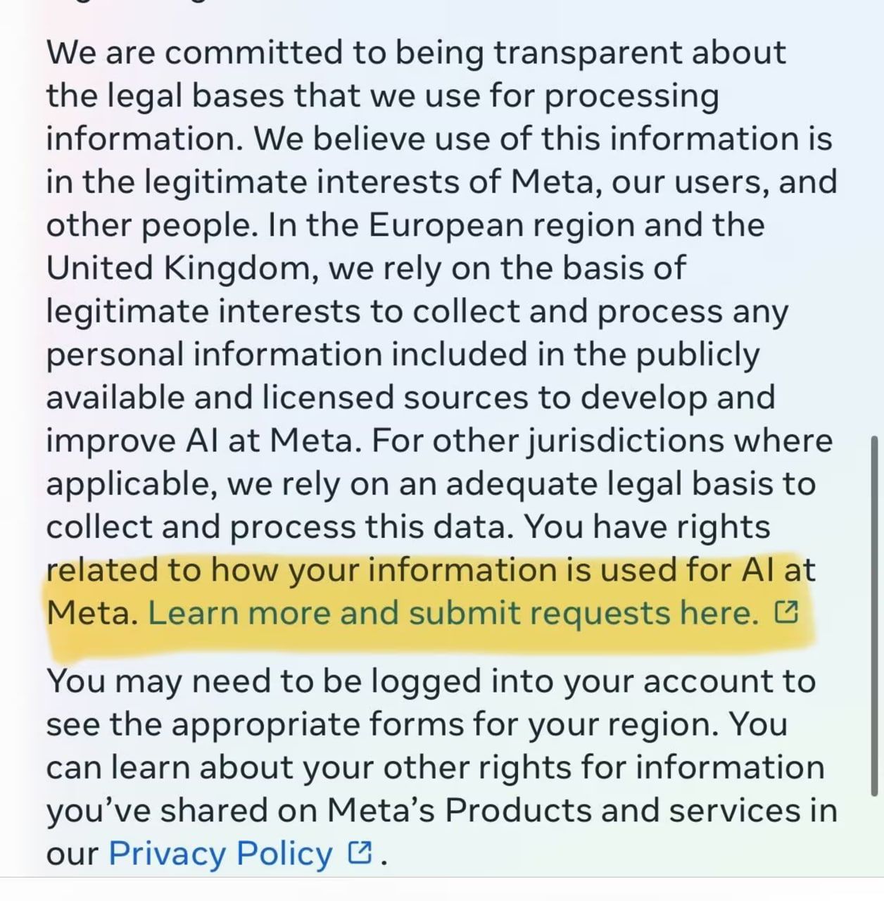 Прокрутите в раздел «Конфиденциальность и генеративный ИИ". Нажмите "узнать больше и отправить свои запросы здесь"
