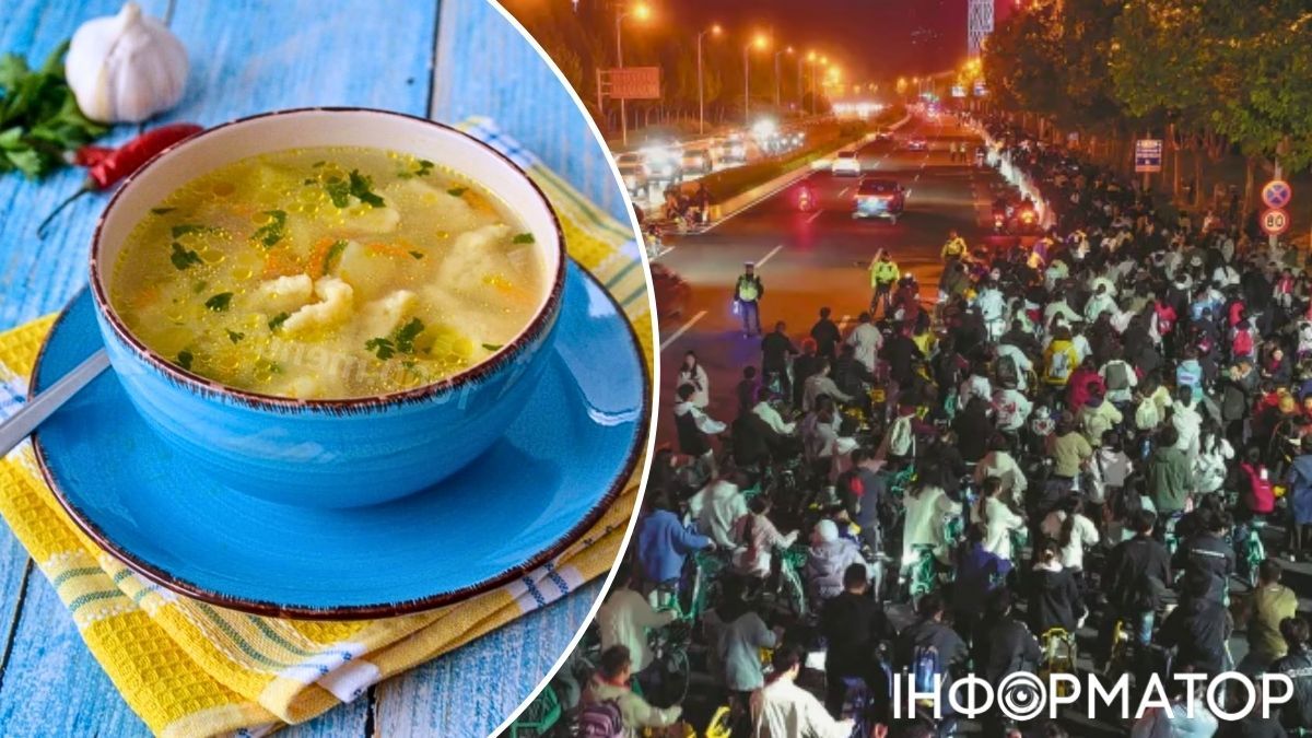 Толпа людей и суп с пельменями