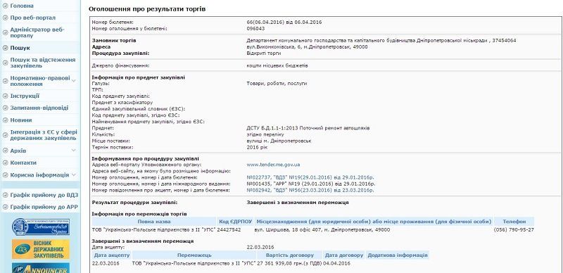результаты тендера