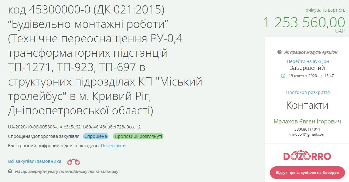 В Кривом Роге коммунальное предприятие «Міський тролейбус» заказало услуги ремонтных работ на 1,2 млн грн