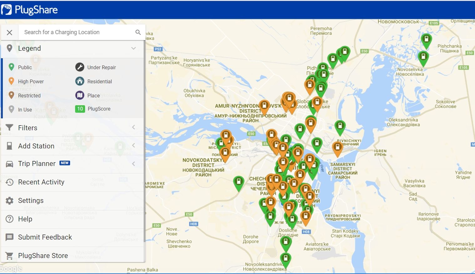 Данные сервиса Plug Share по Днепру