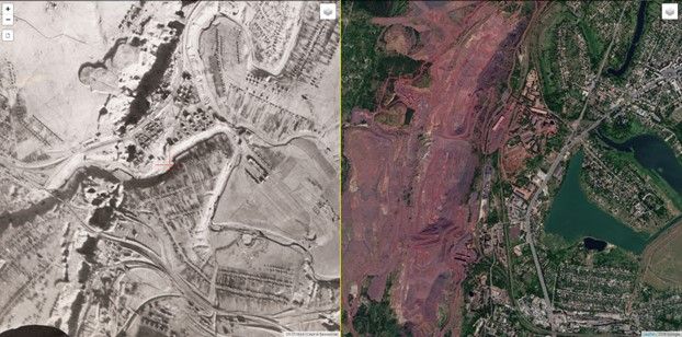 Русло Саксагани на карте 1944 года (слева) и сегодня