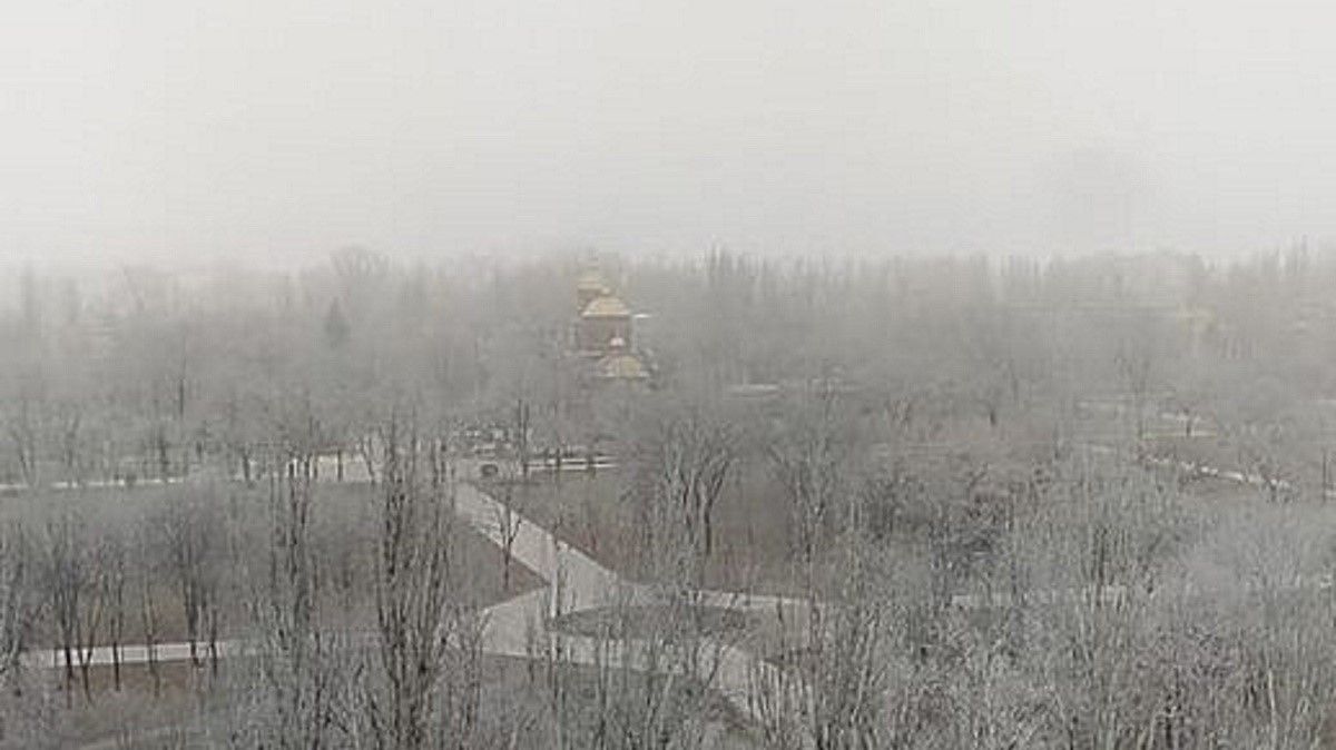 Инеем покрыты деревья в парке «Саксаганский». На улице температура +12 ℃.