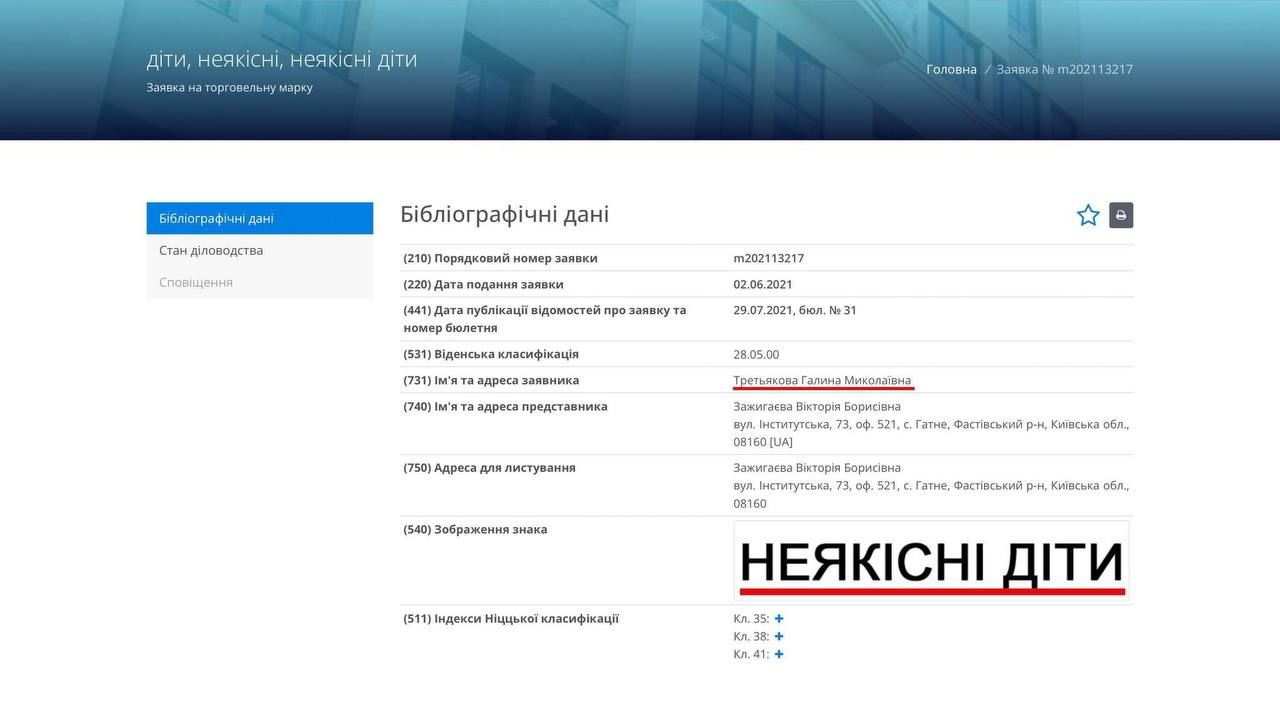 Заявка на реєстрацію товарного знаку Третяковою