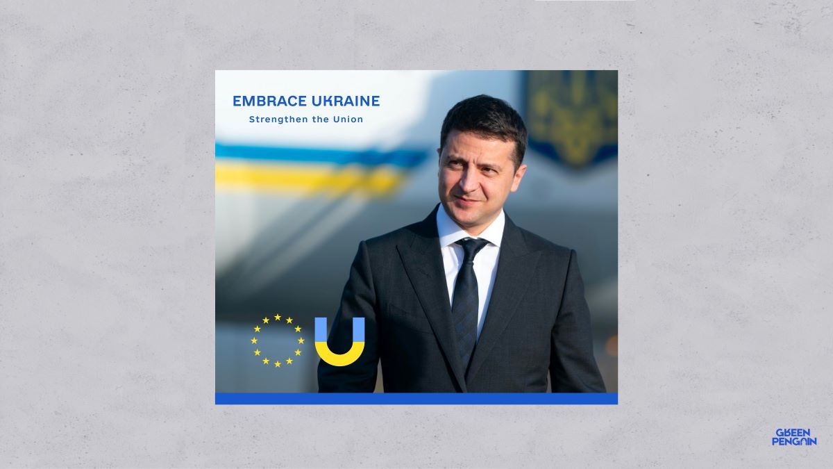 Минулорічний постер на підтримку євроінтеграції України з фото Володимира Зеленського