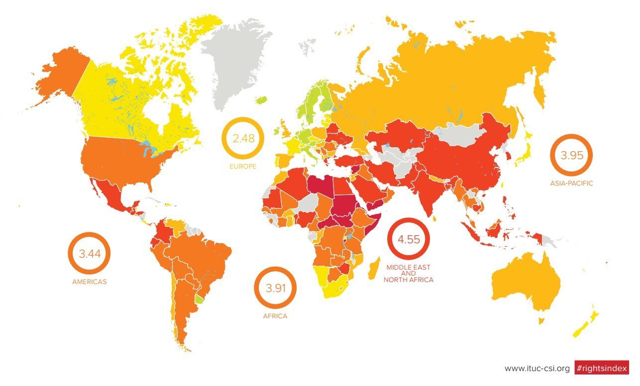 Более красный цвет означает худшее состояние соблюдения трудовых прав