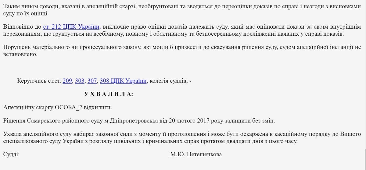 Решение Апелляционного суда Днепропетровской области
