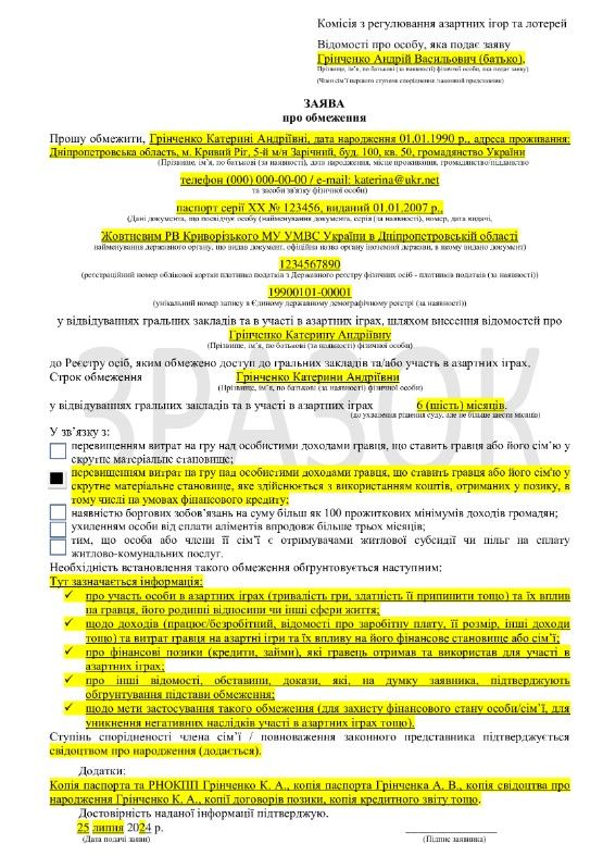 Приклад заяви про обмеження. Скрін з сайту КРАІЛ.