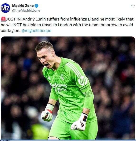 Андрей Лунин отправится в финал ЛЧ отдельно от команды 1