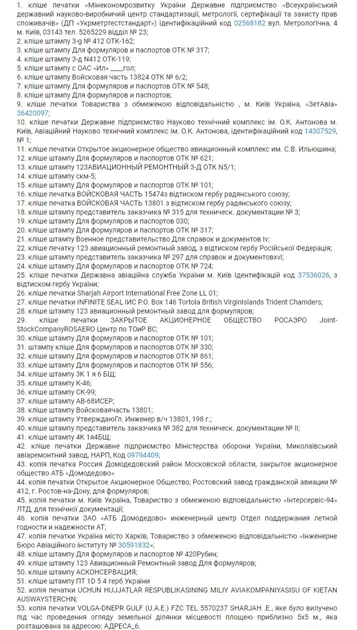 Список печатей, указанных в решении Голосеевского районного суда в Киеве по делу 752/24165/18 Список печатей, указанных в решении Голосеевского районного суда в Киеве по делу 752/24165/18
