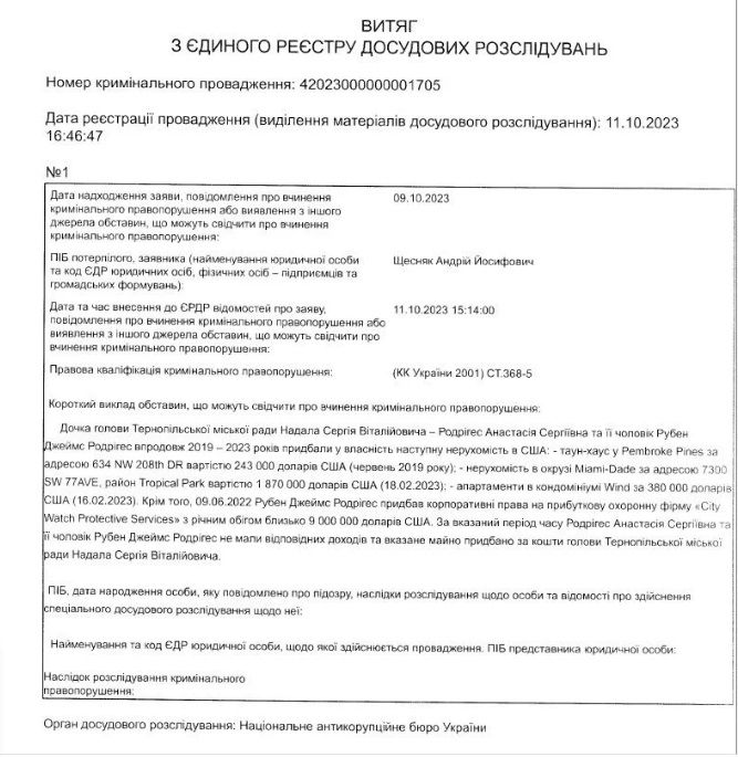 Извлечение из реестра досудебных расследований Извлечение из реестра досудебных расследований
