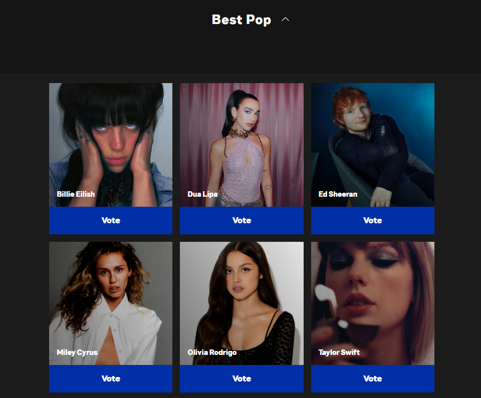 Номінанти в категорії "Найкращий поп виконавець/виконавиця" Номінанти в категорії "Найкращий поп виконавець/виконавиця"