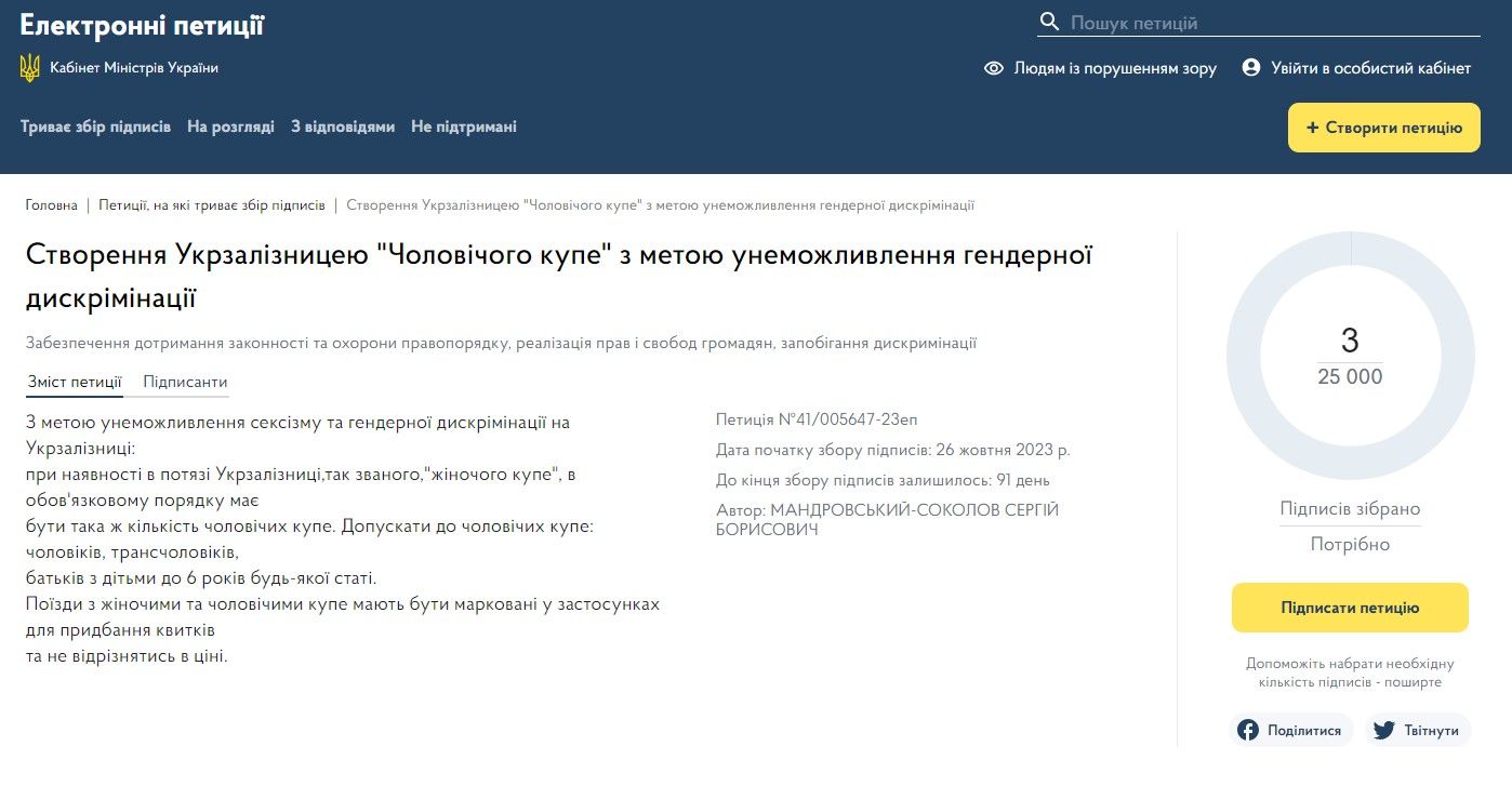 Чоловіки вимагають для себе окремі купе від Укрзалізниці: зареєстровано петицію 1