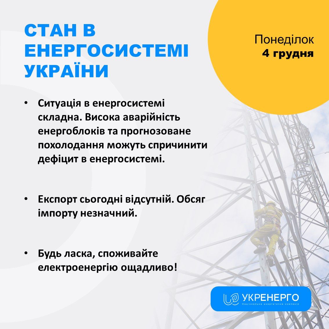 Ситуация в энергосистеме Украины по состоянию на 4 декабря Ситуация в энергосистеме Украины по состоянию на 4 декабря