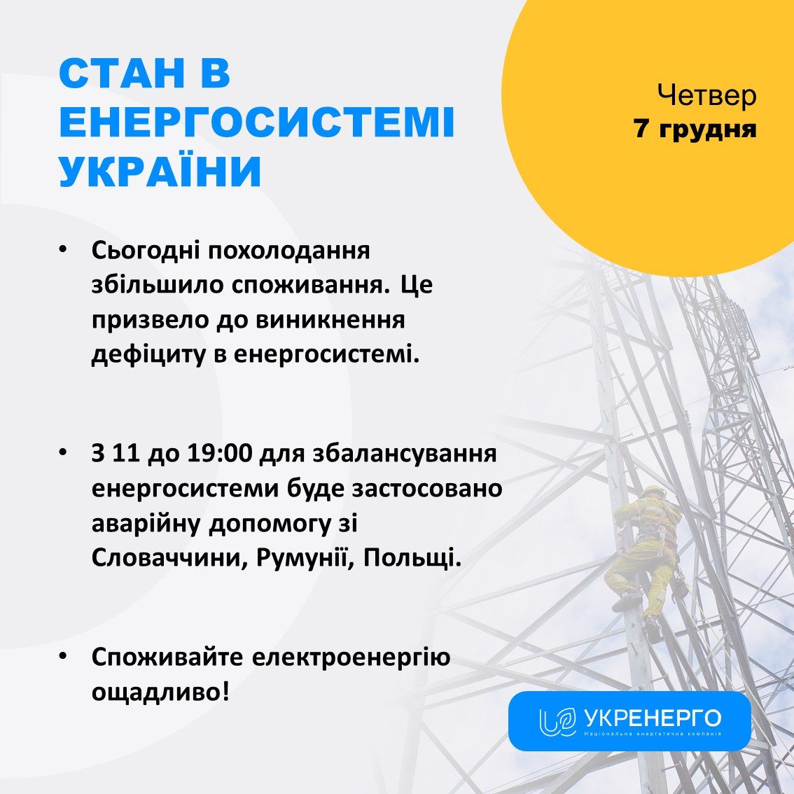 Ситуація в енергосистемі України станом на 7 грудня  Ситуація в енергосистемі України станом на 7 грудня