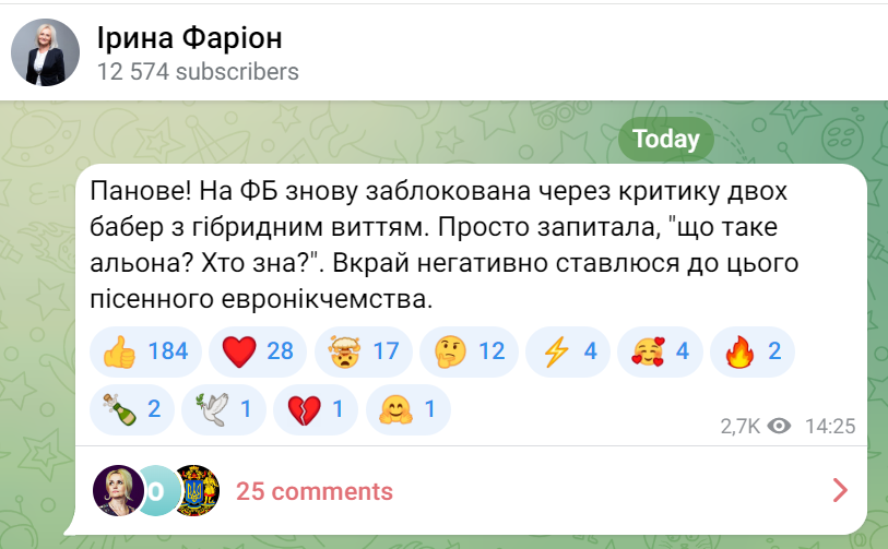 Скандальна публікація Ірини Фаріон в Telegram Скандальна публікація Ірини Фаріон в Telegram