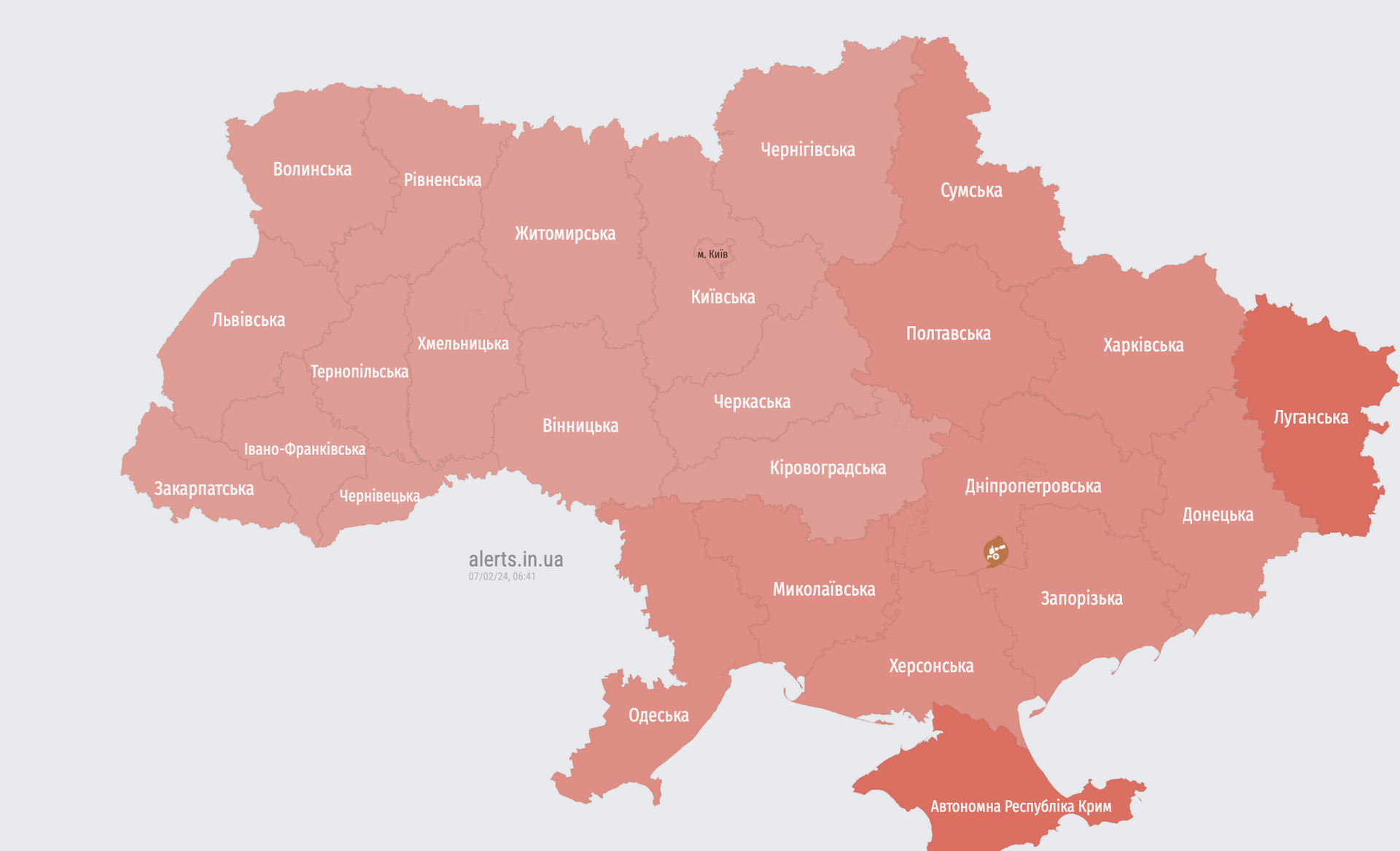 Повітряна тривога зранку 7 лютого 2024 оголошена по всій країні Повітряна тривога зранку 7 лютого 2024 оголошена по всій країні