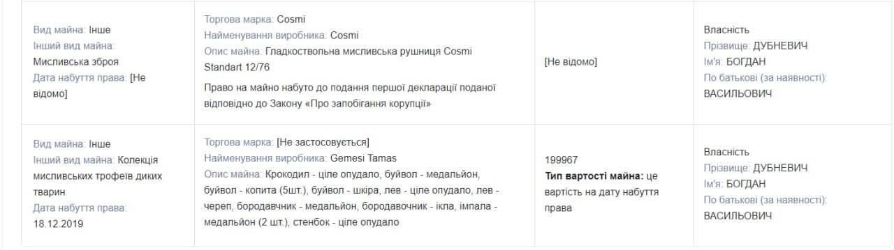 Колишній нардеп Богдан Дубневич задекларував опудало лева та мисливську зброю 1
