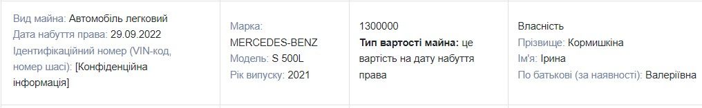 Із декларації Ірини Кормишкіної  Із декларації Ірини Кормишкіної
