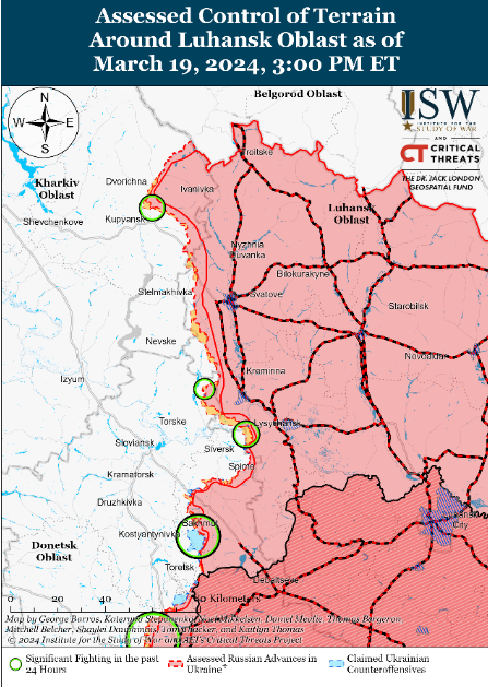 В ISW показали карти боїв на фронті: росіяни просуваються під Авдіївкою, проводячи атаки з втратами 1