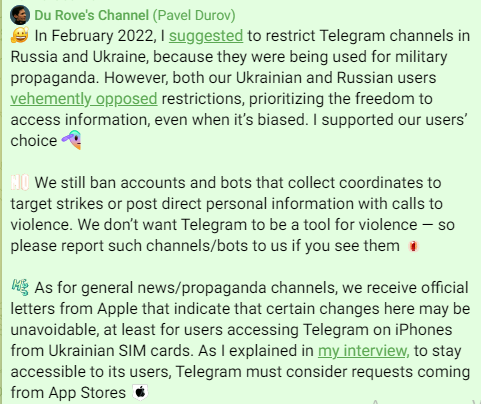 Telegram може видалити деякі канали для українських користувачів на вимогу Apple - Дуров 1