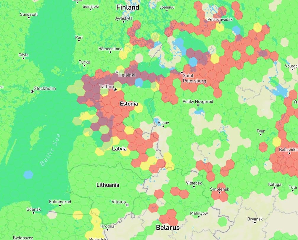 Препятствия GPS над странами Балтии. Скриншот: gpssjam.org Препятствия GPS над странами Балтии. Скриншот: gpssjam.org