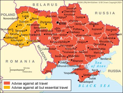 Карта мінімально "безпечних" регіонів України, яку розмістило міністерство Британії Карта мінімально "безпечних" регіонів України, яку розмістило міністерство Британії