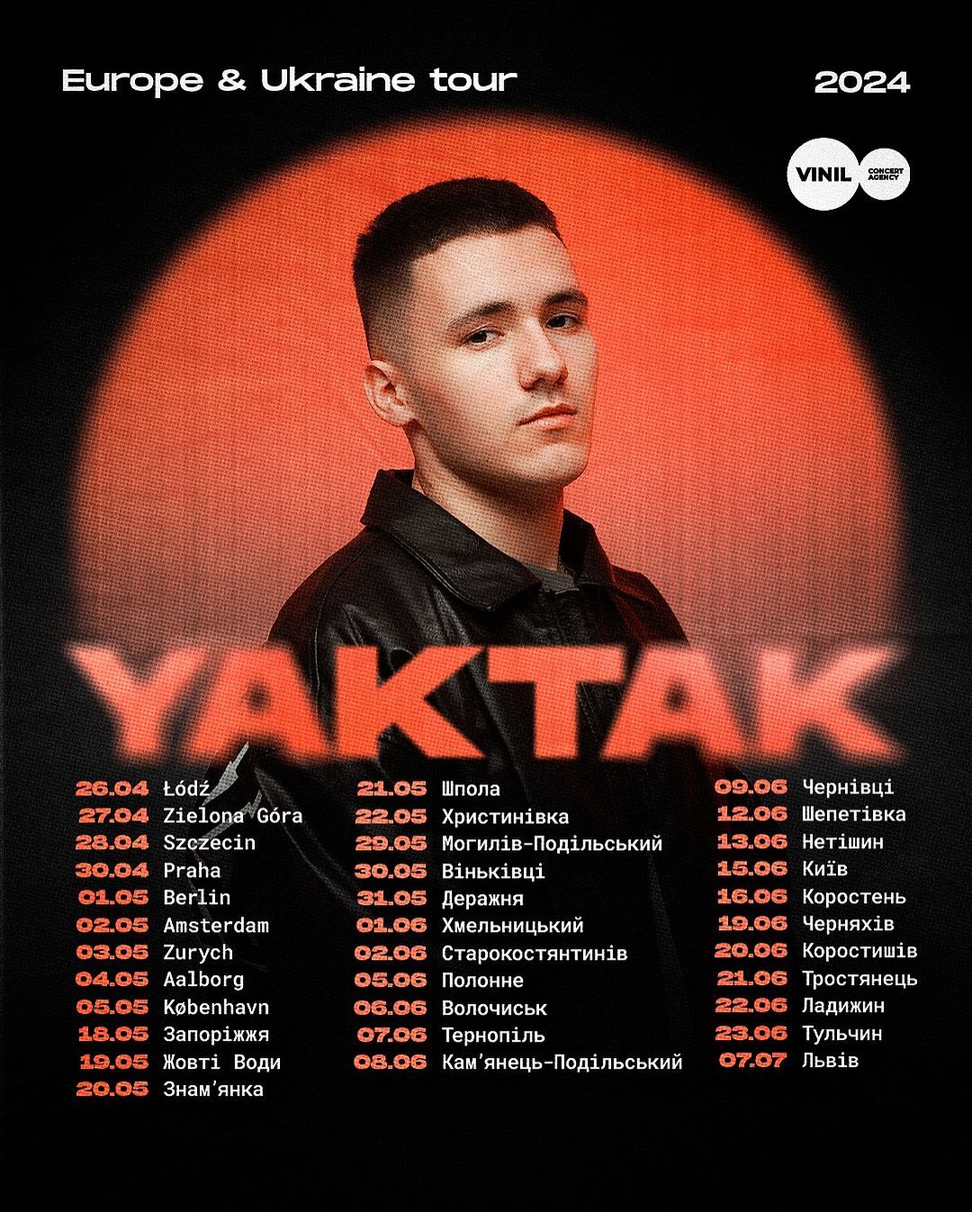 Графік європейського та українського туру співака YAKTAK. Фото: Instagram/yaktak_official Графік європейського та українського туру співака YAKTAK. Фото: Instagram/yaktak_official