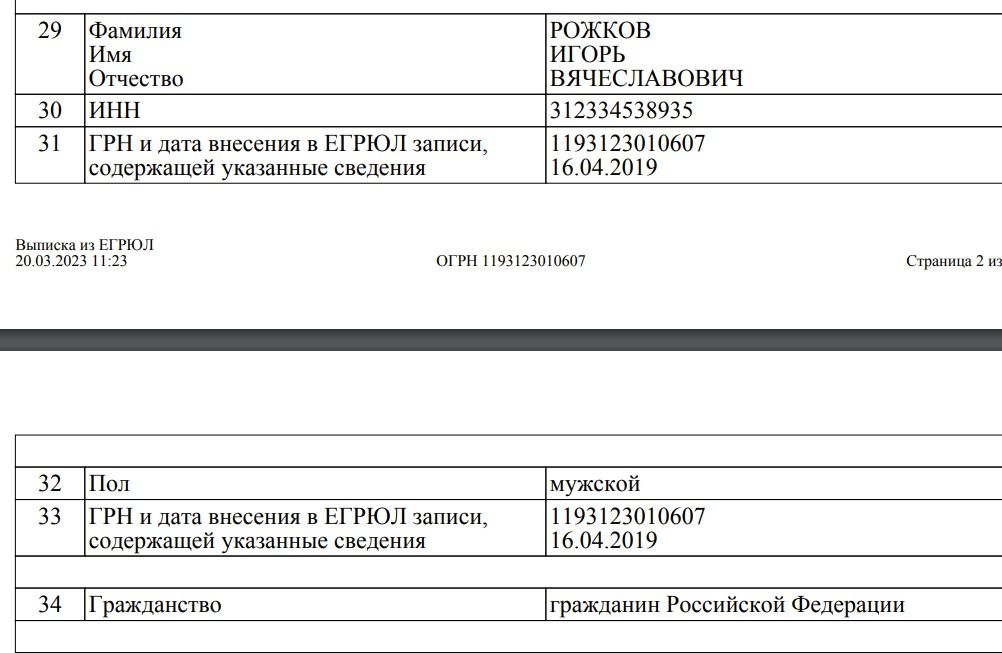 Витяг з російського реєстру по Ігорю Рожкову Витяг з російського реєстру по Ігорю Рожкову