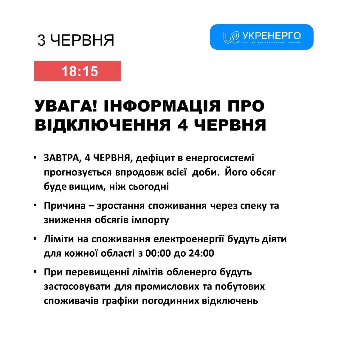 Лимиты будут действовать целые сутки: в Укрэнерго предупредили об отключении света 4 июня 1