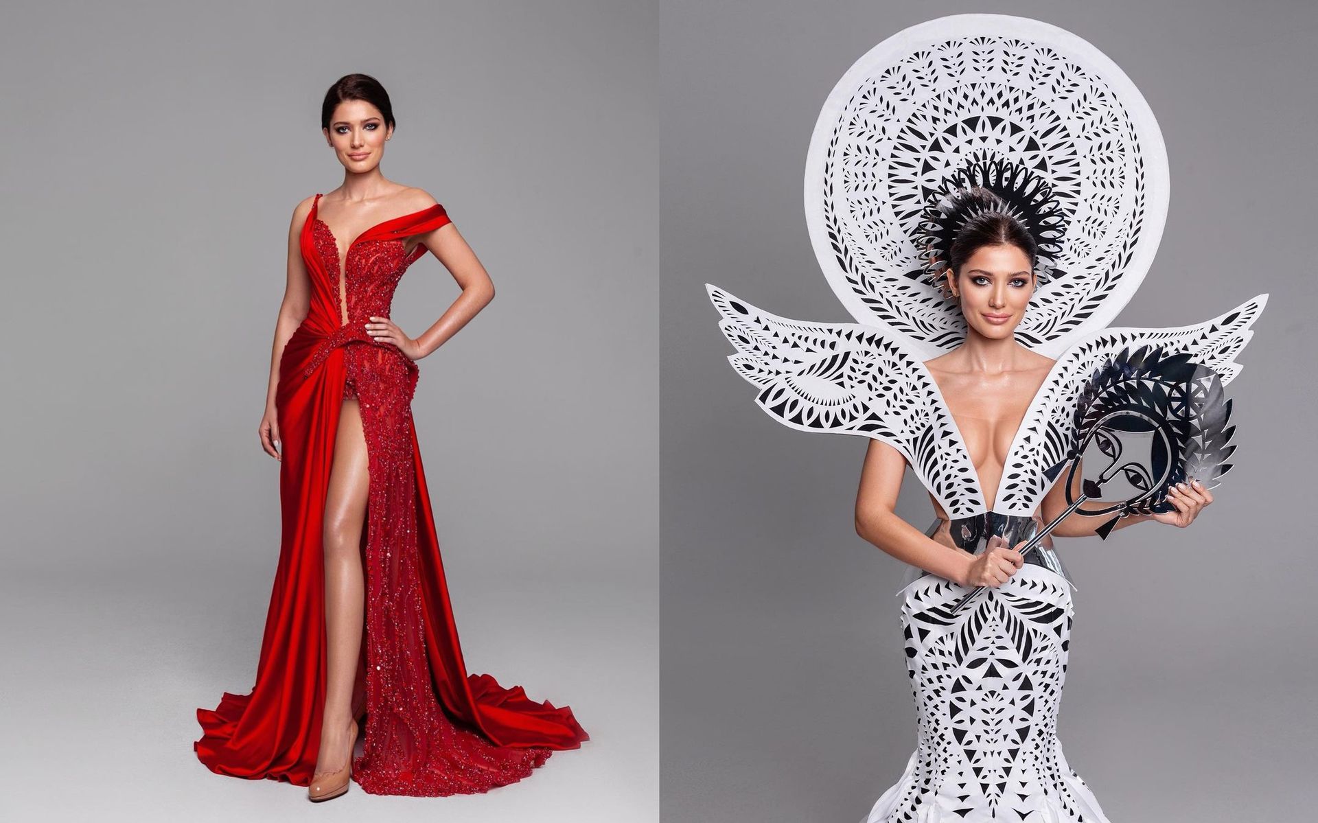 Вечернее платье (слева) и национальный костюм Украины на конкурсе 2020 года